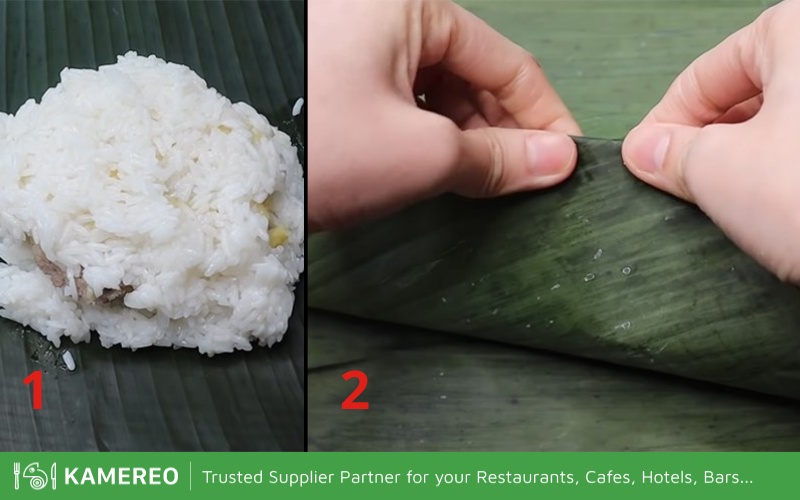 Put the filling into the prepared banana leaves