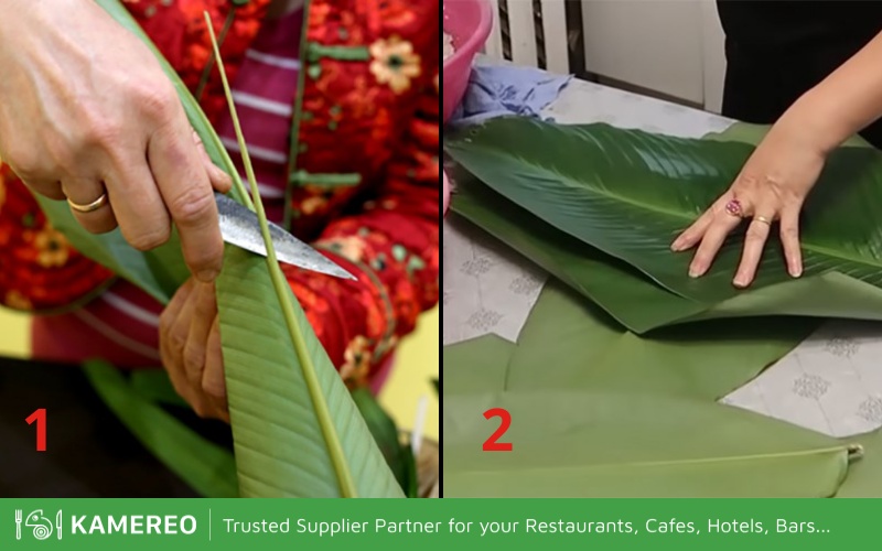 Arrange banana leaves to prepare for wrapping sticky rice cakes without a mold