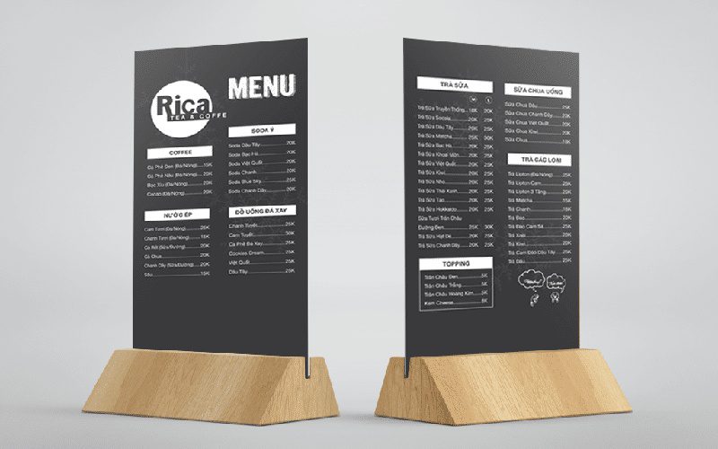 Mẫu menu đứng đế gỗ sang trọng cho quán cafe cao cấp
