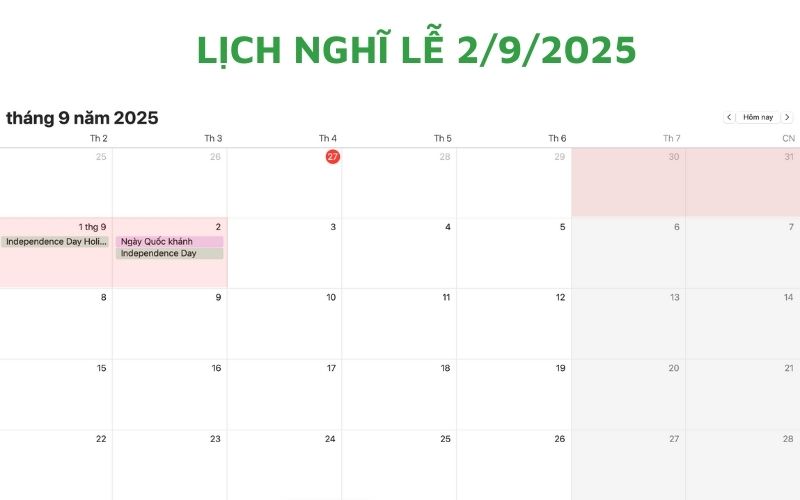 Lịch nghỉ lễ 2/9/2025