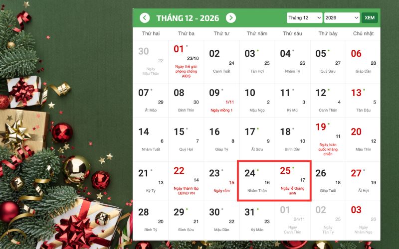 Năm 2026, Noel rơi vào tối thứ Năm ngày 24/12/2026 và thứ Sáu ngày 25/12/2026