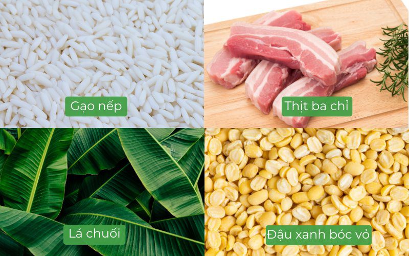 Nguyên liệu làm bánh tét bằng lá chuối gồm gạo nếp, thịt ba chỉ, đậu xanh, lá chuối,...