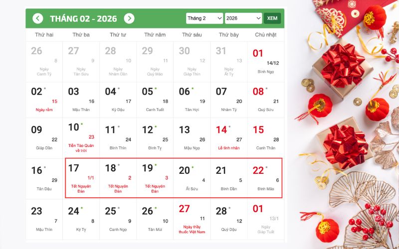 Tết Nguyên đán nhằm ngày ngày 17 tháng 2 năm 2026 theo Dương lịch
