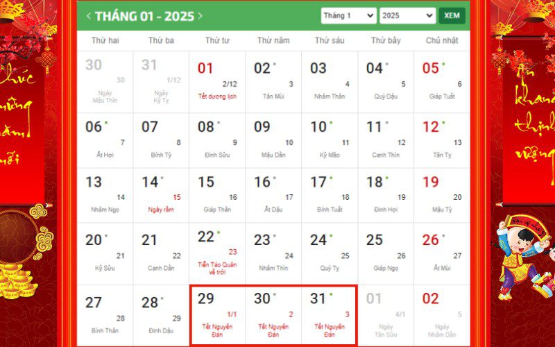 Tết Nguyên đán nhằm ngày 29 tháng 01 năm 2025 theo Dương lịch