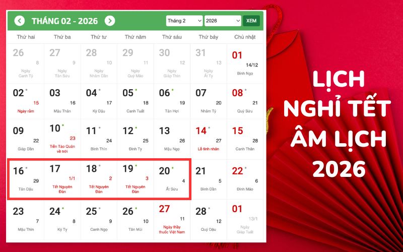 Tết Âm lịch 2026 được nghỉ 5 ngày từ 16/02/2026 đến 20/12/2026