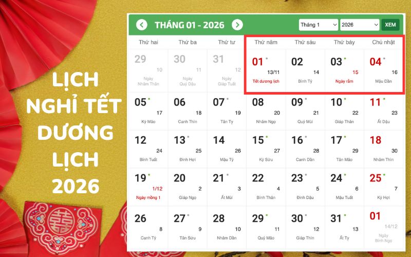 Lịch nghỉ Tết Dương lịch 2026 với cán bộ, công chức, viên chức và người lao động trong khu vực nhà nước sẽ được nghỉ 4 ngày