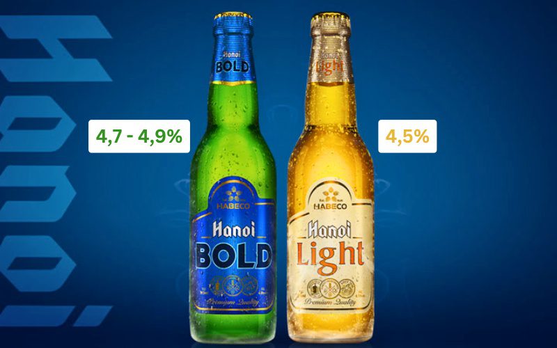 Nồng độ cồn bia Hà Nội Bold vào khoảng 4.7 - 4.9%, còn Hà Nội Light là 4,5%