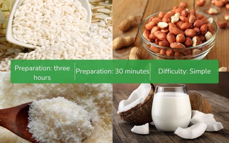 Glutinous rice, peanuts, shredded coconut, and coconut cream are the main ingredients for making peanut sticky rice
