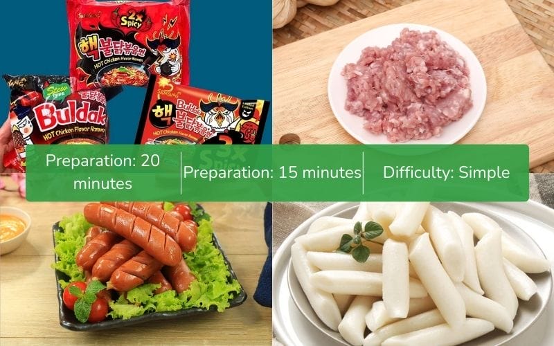 Ramen noodles, Korean glass noodles, rice cakes and attractive toppings in a bowl of spicy noodles