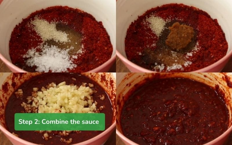 Make a rich sauce, combining chili powder, soybean paste and many other spices
