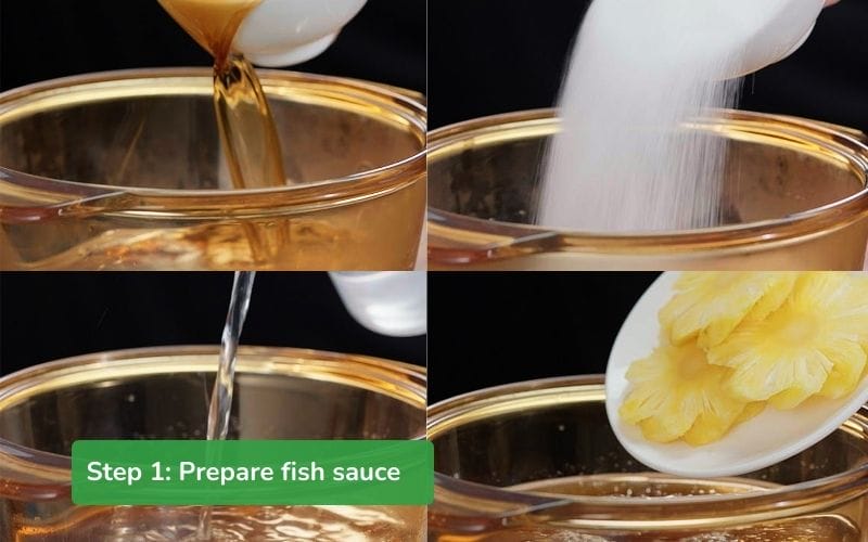 Simmer the mixture of fish sauce, sugar, coconut water, and pineapple over low heat for 15 minutes