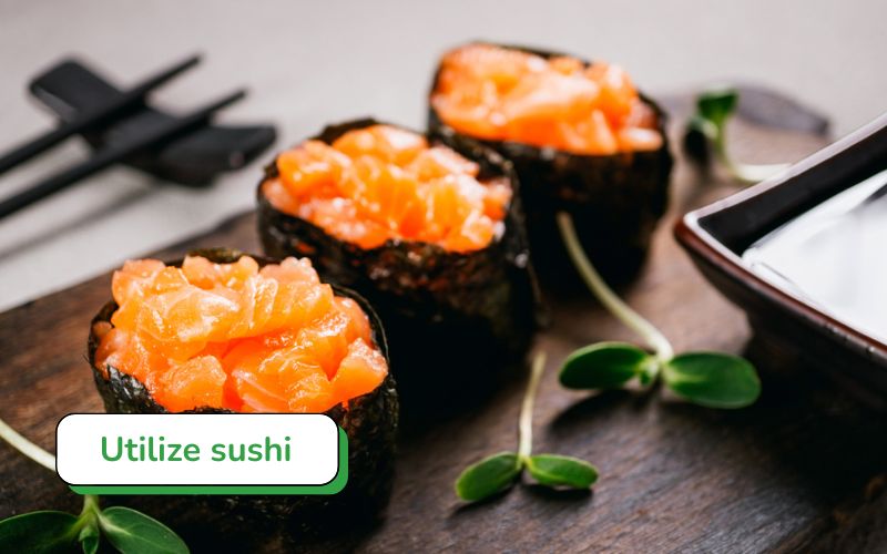 Gunkan sushi: A small "boat" sushi, rice rolled in seaweed, with various toppings