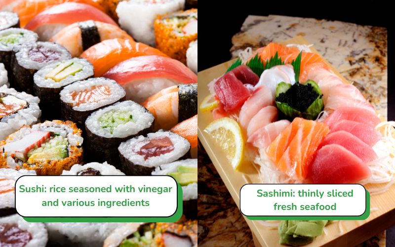 Sushi has vinegar-flavored rice, while sashimi only has fresh seafood