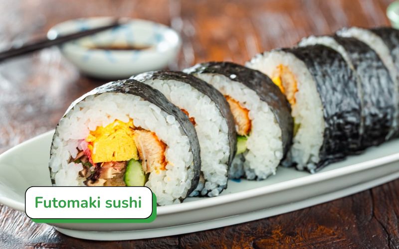 Futomaki is a large rolled sushi with diverse fillings, popular at spring festivals in the Kansai region