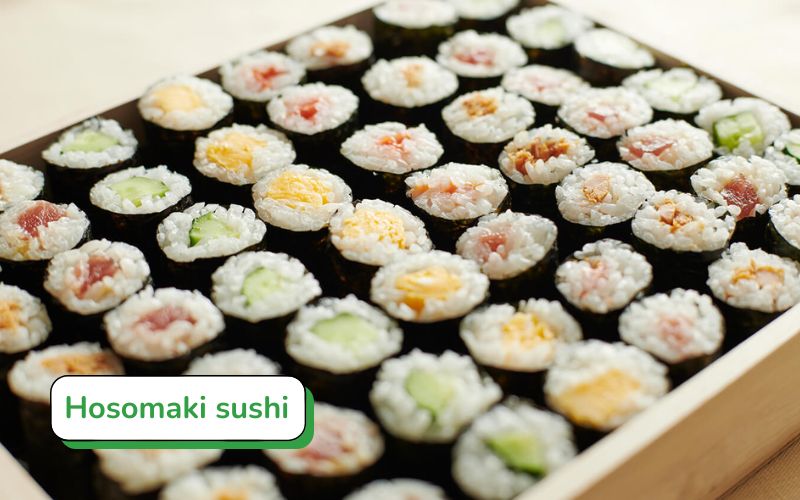 Hosomaki is a small, simple roll consisting only of rice, seaweed, and a single filling