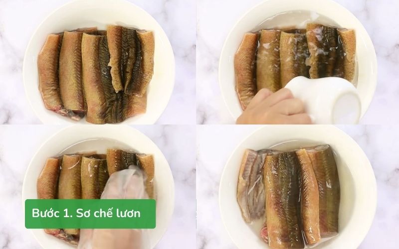Lươn sơ chế sạch nhớt, tách thịt và khử mùi tanh bằng rượu trắng, giấm