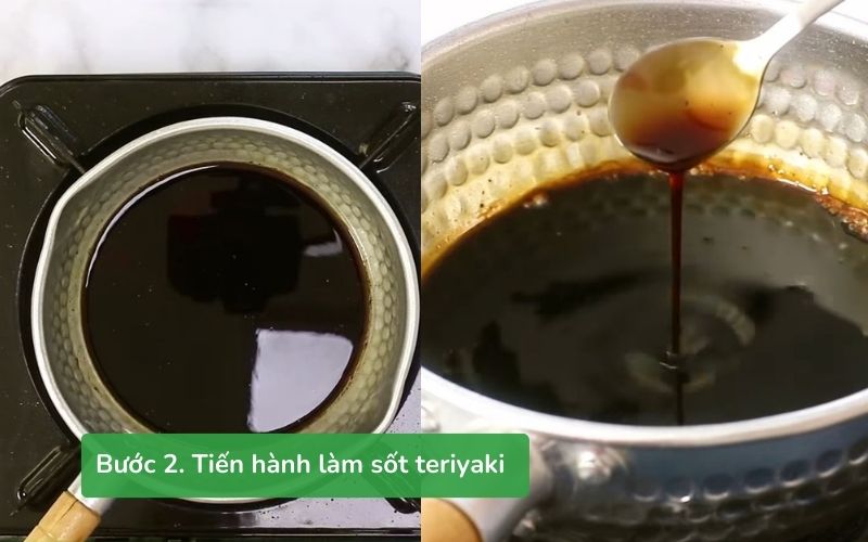 Đun sôi mirin, sake, tiêu, thêm nước tương và đường để làm sốt teriyaki