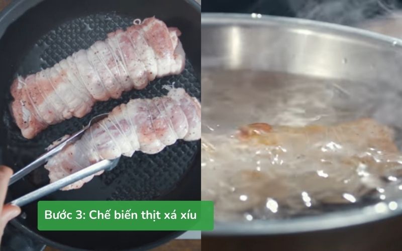 Lóc da thịt ba rọi, cuộn tròn, ướp gia vị và áp chảo
