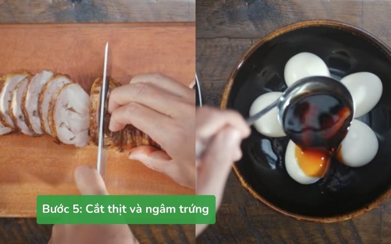 Cắt thịt xá xíu nguội và ngâm trứng lòng đào trong nước dùng