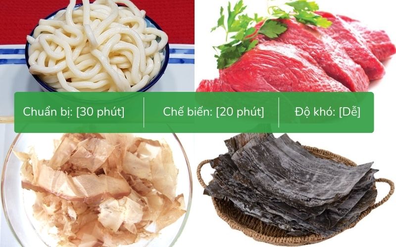 Nguyên liệu cần chuẩn bị cho món mì udon thịt bò kiểu Nhật đơn giản, dễ kiếm