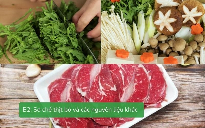 Thịt bò và các loại rau củ được sơ chế, cắt tỉa gọn gàng