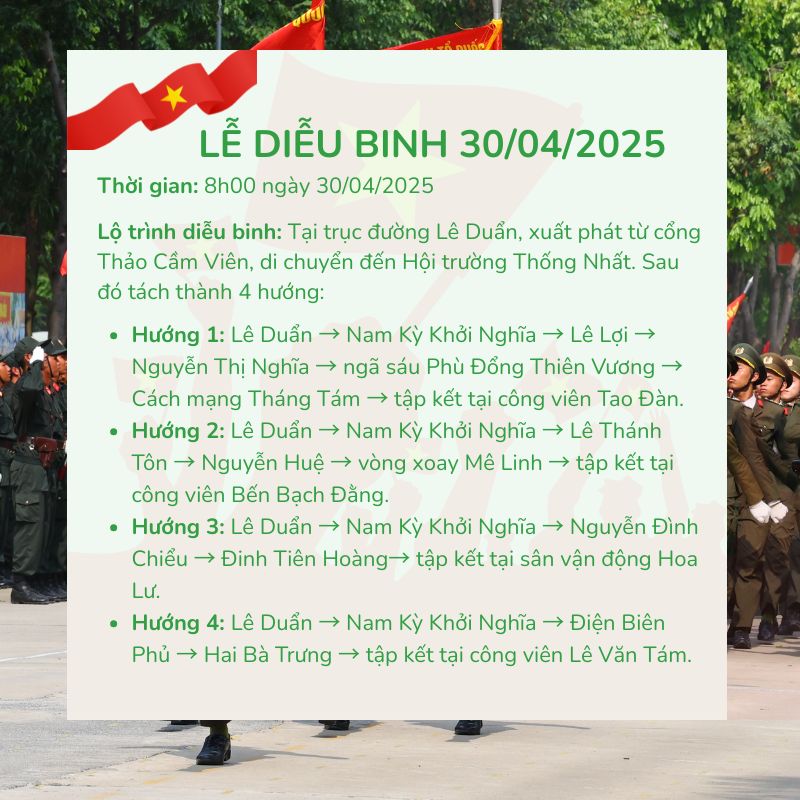Đoàn diễu binh bắt đầu từ Thảo Cầm Viên di chuyển đến Hội trường Thống Nhât sau đó tách thành 4 hướng về điểm tập kết