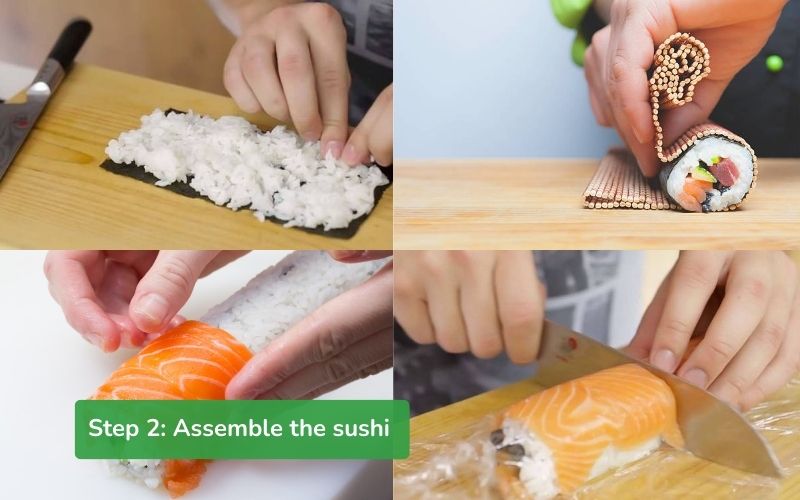 Carefully roll the raw salmon sushi and cover the outside with salmon