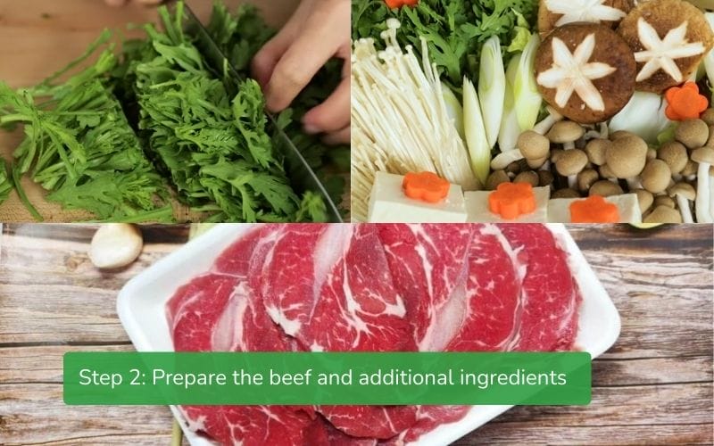 Beef and various vegetables are prepared and neatly cut