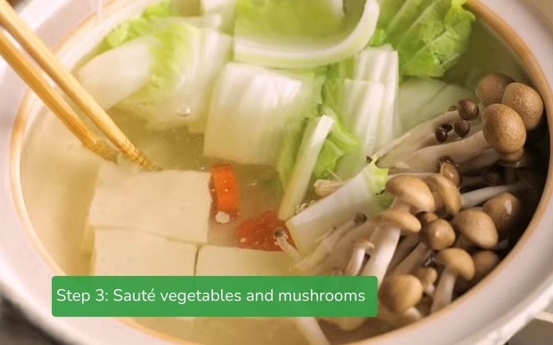 Vegetables and mushrooms are simmered in kombu broth
