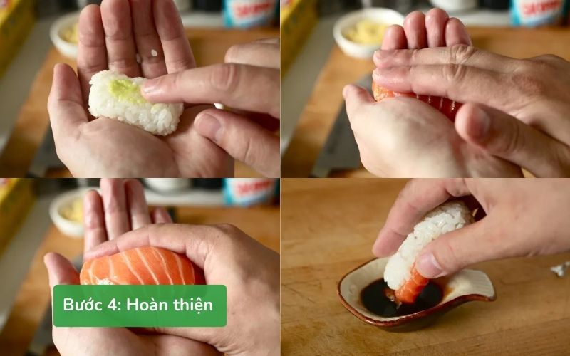 Đặt cá hồi lên trên phần cơm đã tạo hình