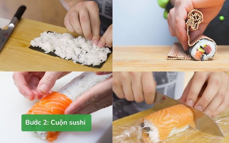 Cẩn thận cuộn sushi cá hồi sống và phủ cá hồi bên ngoài