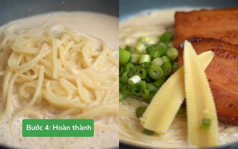 Món Tonkotsu ramen thịt xông khói hoàn thành với mì, nước dùng, thịt và rau trang trí