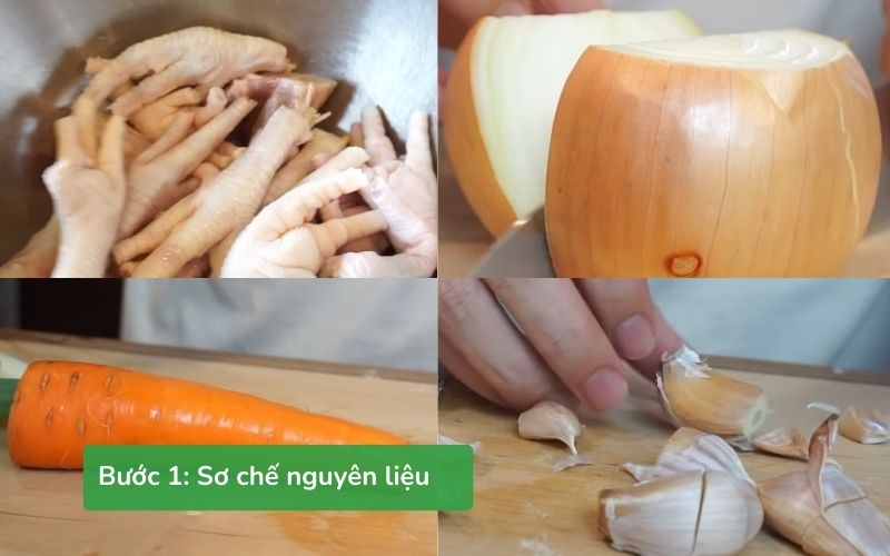 Sơ chế kỹ lưỡng các nguyên liệu tươi ngon như xương heo, chân gà, rau củ