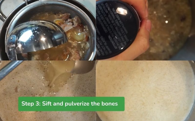 Strain and blend the bone and vegetable mixture, combining it with the dried sardine and kelp broth