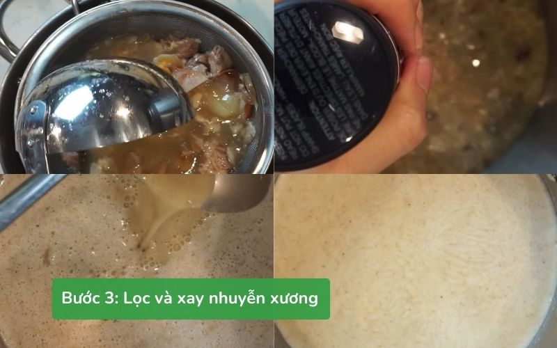 Lọc, xay nhuyễn hỗn hợp xương và rau củ, kết hợp cùng nước nấu cá khô, tảo bẹ