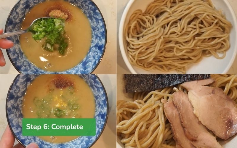 Complete the delicious Tonkotsu ramen bowl with the prepared ingredients