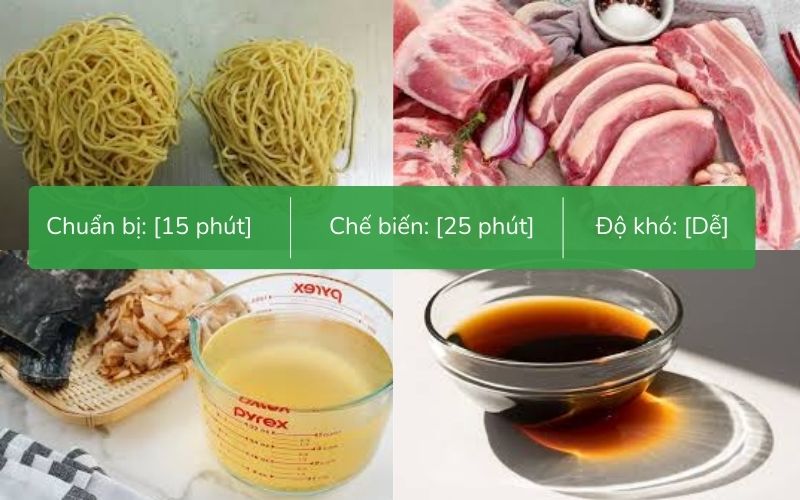Công thức mì Tonkotsu Ramen chuẩn vị với các thành phần như mì ramen, thịt heo, trứng hồng đào