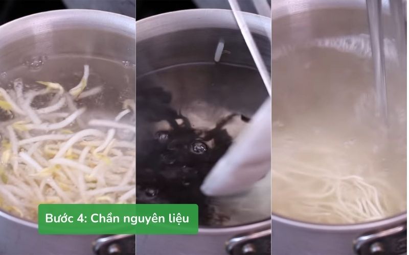 Các loại rau và mì ramen được chần vừa chín tới