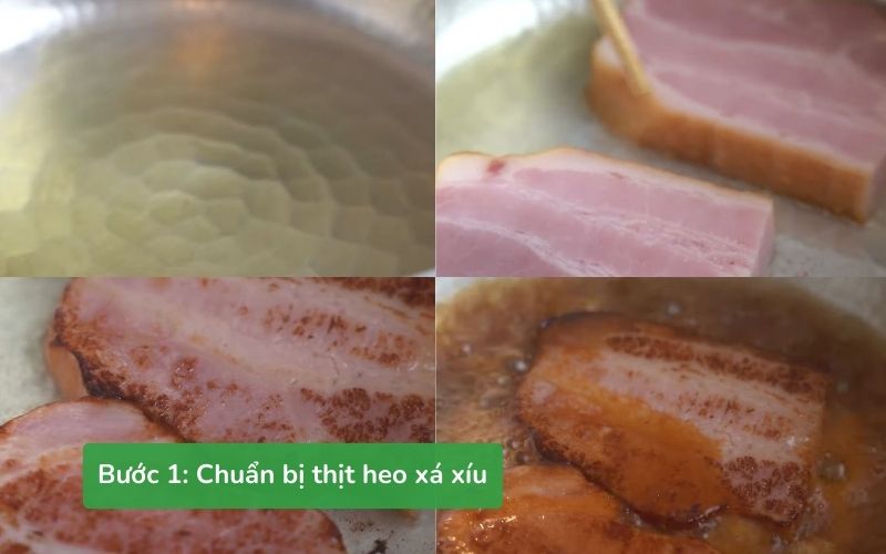 Thịt heo xá xíu (bacon chansu) được chiên và rim với nước tương, mật ong