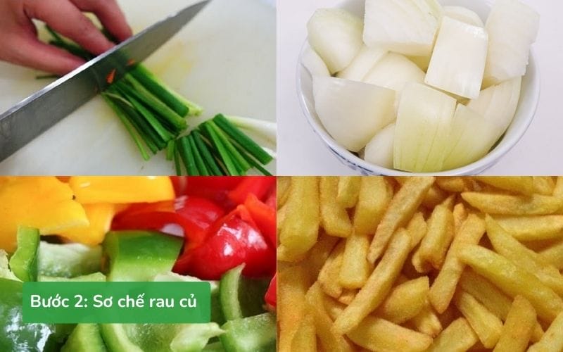 Khoai tây chiên vàng giòn, rau củ được cắt miếng vuông vừa ăn