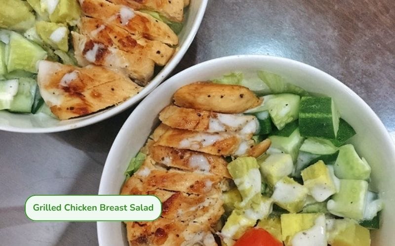 Pan-seared chicken breast salad with tender, sweet chicken combined with fresh, crisp vegetables