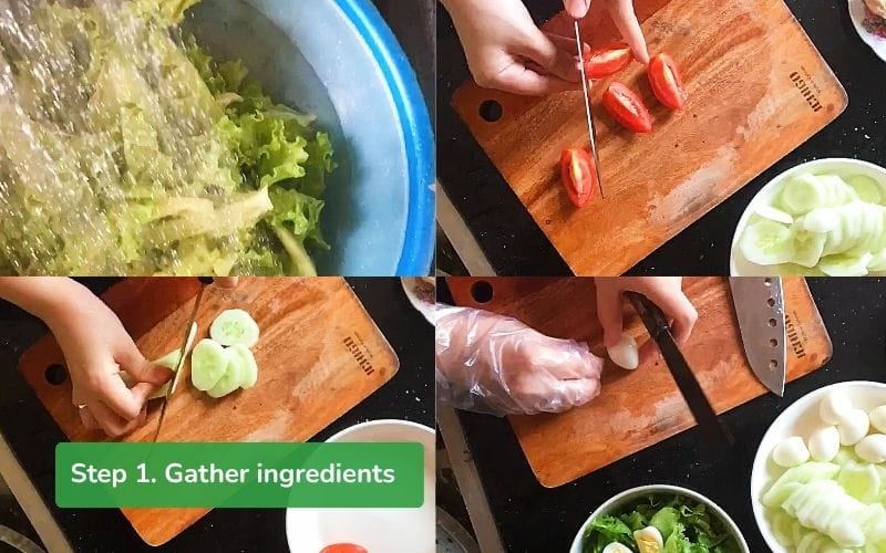 Preparing lettuce and tomatoes for the salad
