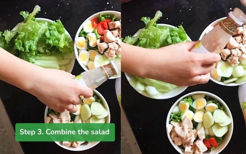 Mixing chicken breast salad with attractive roasted sesame dressing