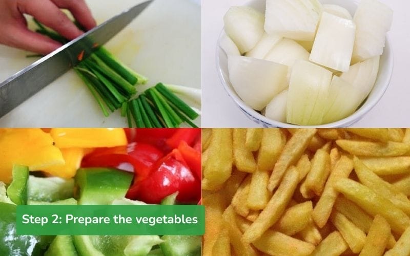 Crispy golden fried potatoes, vegetables cut into bite-sized squares