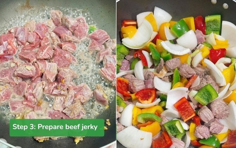 Beef stir-fried over high heat with onion and bell peppers until evenly seared