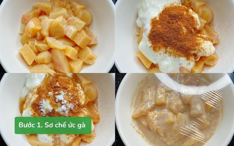 Ức gà đã sơ chế và ướp gia vị trước khi áp chảo