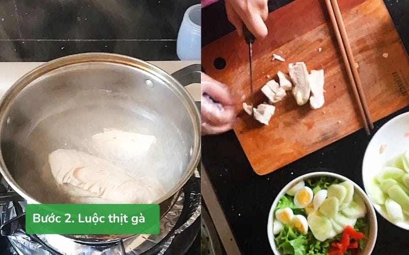 Luộc và thái ức gà thành từng miếng vừa ăn