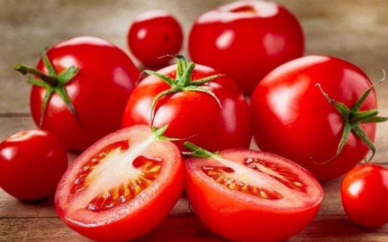 Cà chua chín mọng, có màu đỏ tươi và cuống còn bám chặt