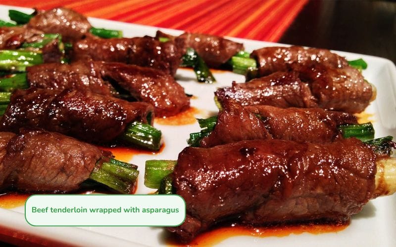 Beautiful, fresh, and nutritious beef tenderloin rolls with asparagus