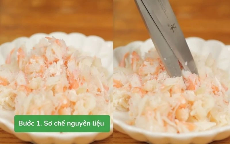 Sơ chế thịt cua, hành tây và nấm mỡ cho nhân Korokke